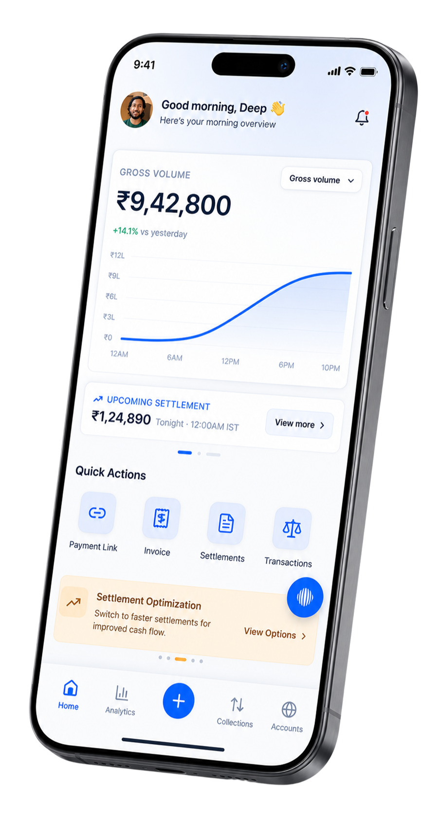The PayGlocal Go app showing gross volume, upcoming settlements and quick actions