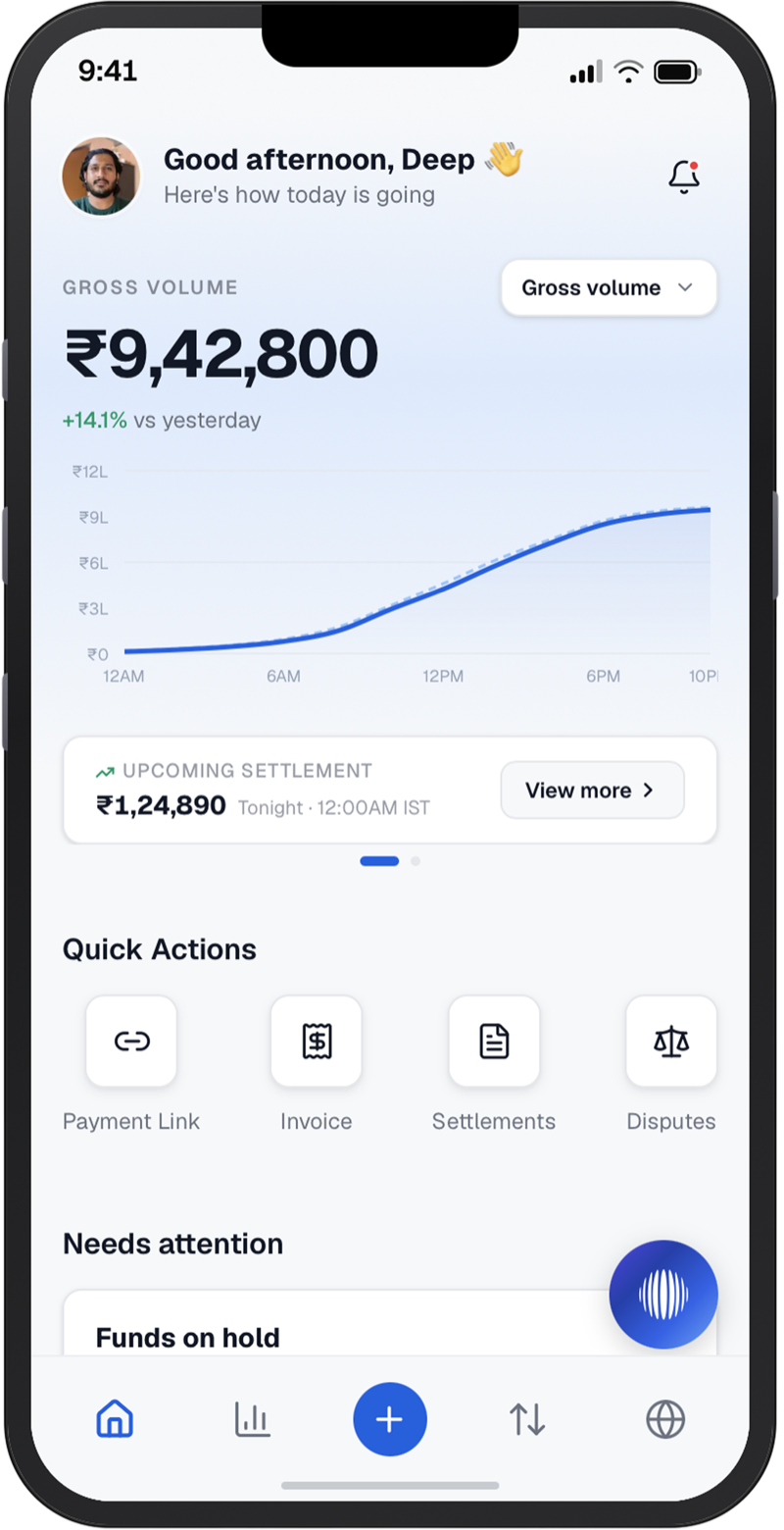 The PayGlocal Go home screen with gross volume, the upcoming settlement and quick actions