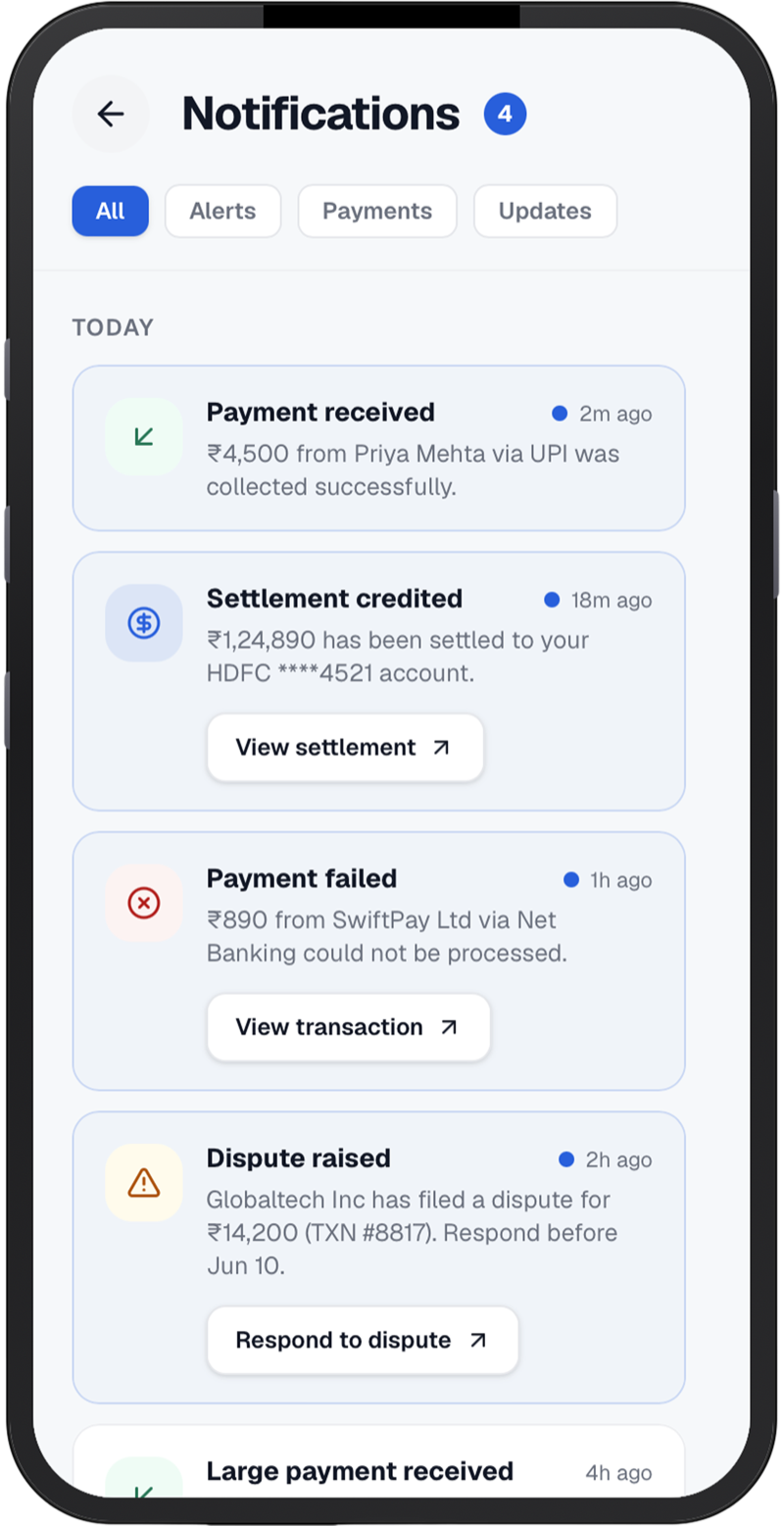 PayGlocal Go notifications for payments received, settlements credited and disputes raised