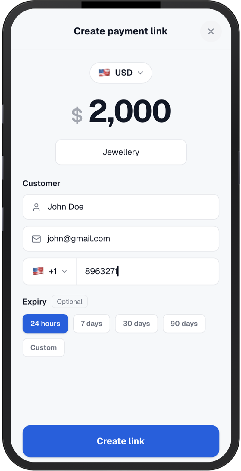 Creating a USD payment link in PayGlocal Go with amount, customer details and expiry
