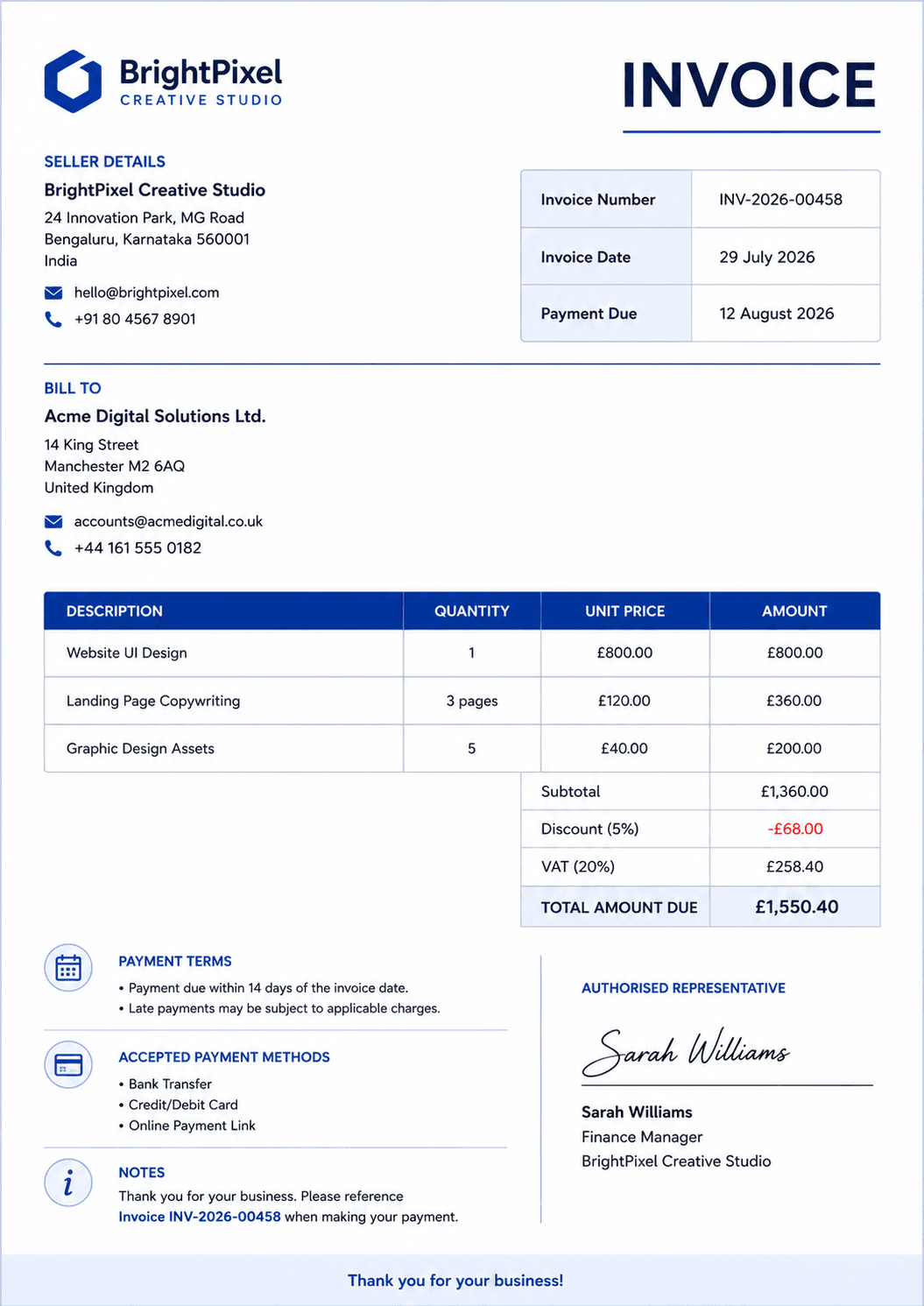 A dummy invoice as an example to explain its format 