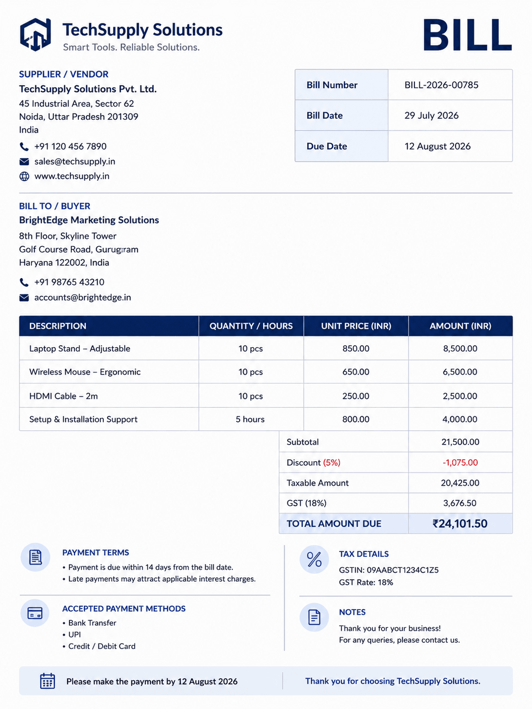 Example of how a bill format should be