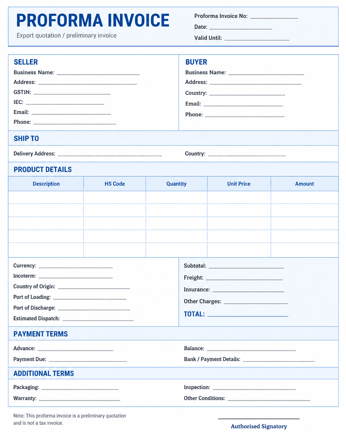 A proforma invoice template