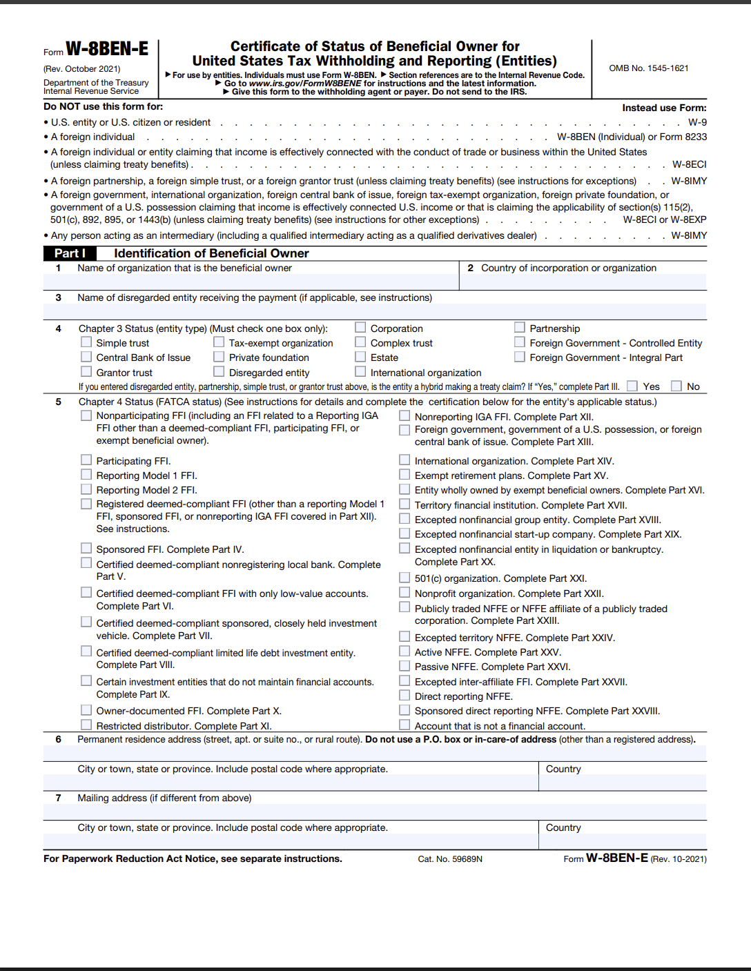 Sample reference form for W-8BEN-E