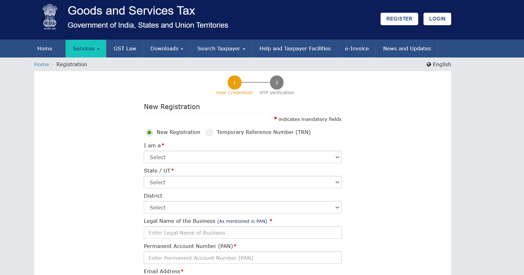 The image depicts the Registration page from the Official GST portal.
